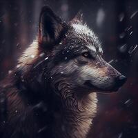 Digital painting of a wolf in a winter forest with falling snow., Image photo