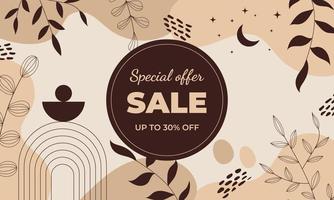 Aesthetic background sale. Boho background. Background with sun, moon, leaves and geometric shapes in boho and aesthetic style. Vector Illustration.