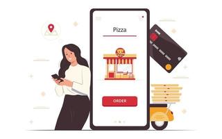 Food online order smartphone. Pizza delivery.Girl ordering pizza online and paying with card. Food delivery concept for banner, website design or landing web page. vector