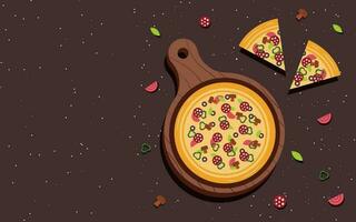 Pizza banner or background. Pizza on the board. Vector illustration.