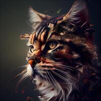 Portrait of a maine coon cat with autumn leaves on a dark background., Image photo