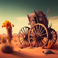 Old wooden wagon in the desert. 3D illustration. Vintage style., Image photo