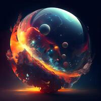 abstract scene with planet and fire in space. 3d illustration, Image photo
