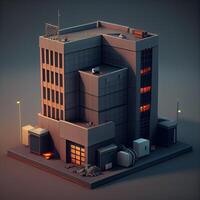 3d ilustración de moderno edificio en isométrica ver en oscuro fondo, ai generativo imagen foto