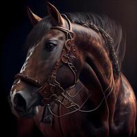 Portrait of a horse in a bridle on a black background, Image photo