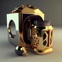 3d illustration of a black and gold 3d graphic with golden music player, Image photo