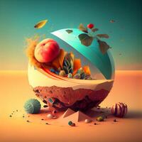 abstract planet with fruits and flowers in the desert. 3d illustration, Image photo