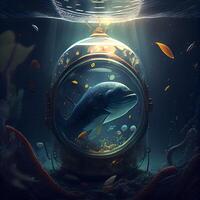 Underwater world. Fish in the aquarium. 3D rendering., Image photo