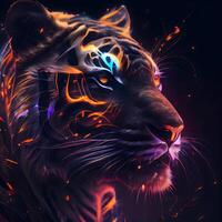 Tiger with colorful lights and fire effect. Digital painting. 3D illustration., Image photo