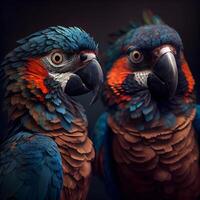 Two macaw parrots isolated on black background, close up, Image photo