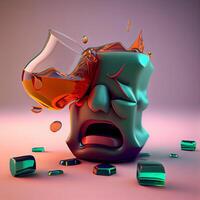 Drunk face with a glass of whiskey. 3D illustration., Image photo
