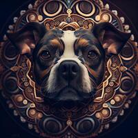 Portrait of a dog with a round pattern on his head., Image photo