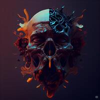 3d illustration of human skull with colored splashes on dark background, Image photo