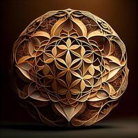 3d illustration of a golden sphere with ornament on a brown background, Image photo