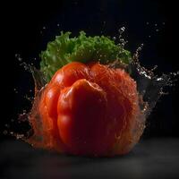 Fresh vegetables with water splash on dark background. Healthy food concept., Image photo