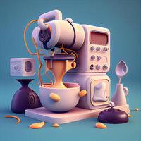 Vintage 3d illustration of a retro camera with a bowl of coffee., Image photo