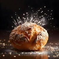 Freshly baked bread with sesame seeds and flying flour on black background, Image photo