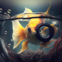 Goldfish in the aquarium. 3D illustration. Vintage style., Image photo