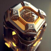 3d rendering of a golden camera on a black background. 3d illustration., Image photo