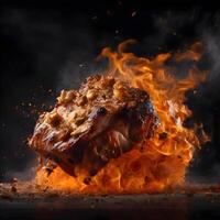 Flaming chicken in a metal colander on a black background, Image photo