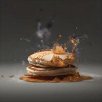 Pancakes falling and splashing milk on a dark background., Image photo