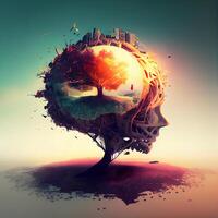 Conceptual image of human head made of tree and abstract shapes, Image photo