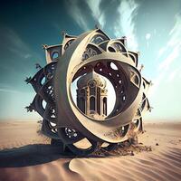 3D rendering of a fantasy castle in the desert with a blue sky, Image photo