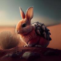 Easter bunny with eggs in the desert. 3d illustration., Image photo