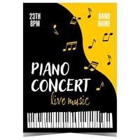 Live piano music concert or festival promotion banner or poster with black grand piano and musical notes on yellow background. Vector illustration of invitation leaflet or flyer for piano concert.