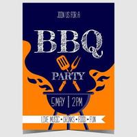 Barbecue party invitation poster with grill filled with flame and charcoal smoke, fork and turner spatula ready to grill, fry and roast the beef or pork steak during the bbq weekend outdoor picnic. vector