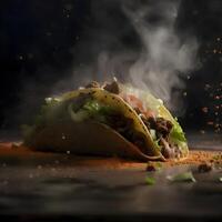 Tacos with meat and vegetables on a black background with smoke, Image photo