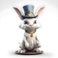 Cute white rabbit wearing a gold top hat and bow tie., Image photo
