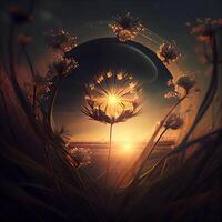 Dandelion flower in the field at sunset. 3d rendering, Image photo