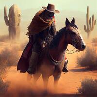 vaquero en lado de caballo en el desierto. 3d ilustración., ai generativo imagen foto