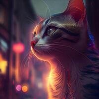 Cat in the city at night. Digital painting. 3D illustration., Image photo