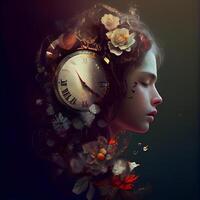 Beautiful face of young woman with clock and flowers. Time concept, Image photo