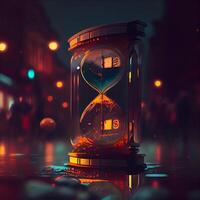 Vintage hourglass on the background of night city. 3d rendering, Image photo