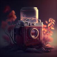 Retro camera and glass jar with fog on the background of autumn leaves, Image photo