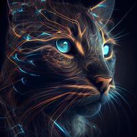 Fractal portrait of a cat with glowing eyes. 3D rendering, Image photo