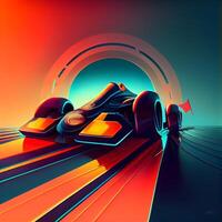 3D rendering of a formula car in futuristic space with neon lights, Image photo