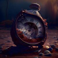 Vintage pocket watch in the dark forest. 3D illustration., Image photo