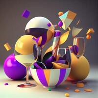 Colorful abstract composition with glass of wine. 3d illustration., Image photo