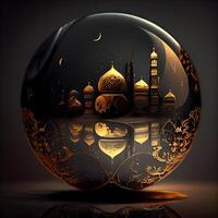 Ramadan Kareem greeting card with mosque and reflection in glass ball, Image photo