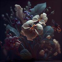 Beautiful bouquet of flowers and butterflies on a dark background., Image photo