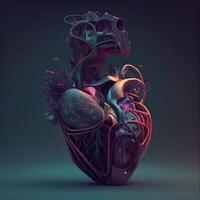 humano corazón. 3d ilustración. humano corazón en oscuro fondo., ai generativo imagen foto