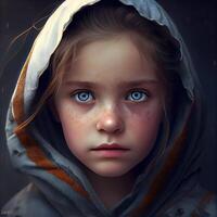 retrato de un pequeño niña en un capucha. 3d representación, ai generativo imagen foto