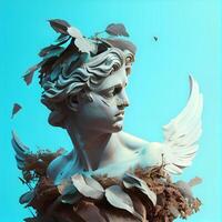 Statue of David with wings and flowers on a blue background., Image photo