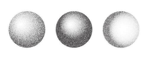 Grainy circles with noise dotted texture. Gradient balls with shadow on white background. Abstract planet sphere with halftone stipple effect. Vector shapes collection