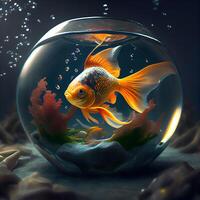 Goldfish in a glass aquarium with seaweed. 3d rendering, Image photo