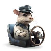 3D rendering of a cute little rat pilot with a steering wheel isolated on white background, Image photo